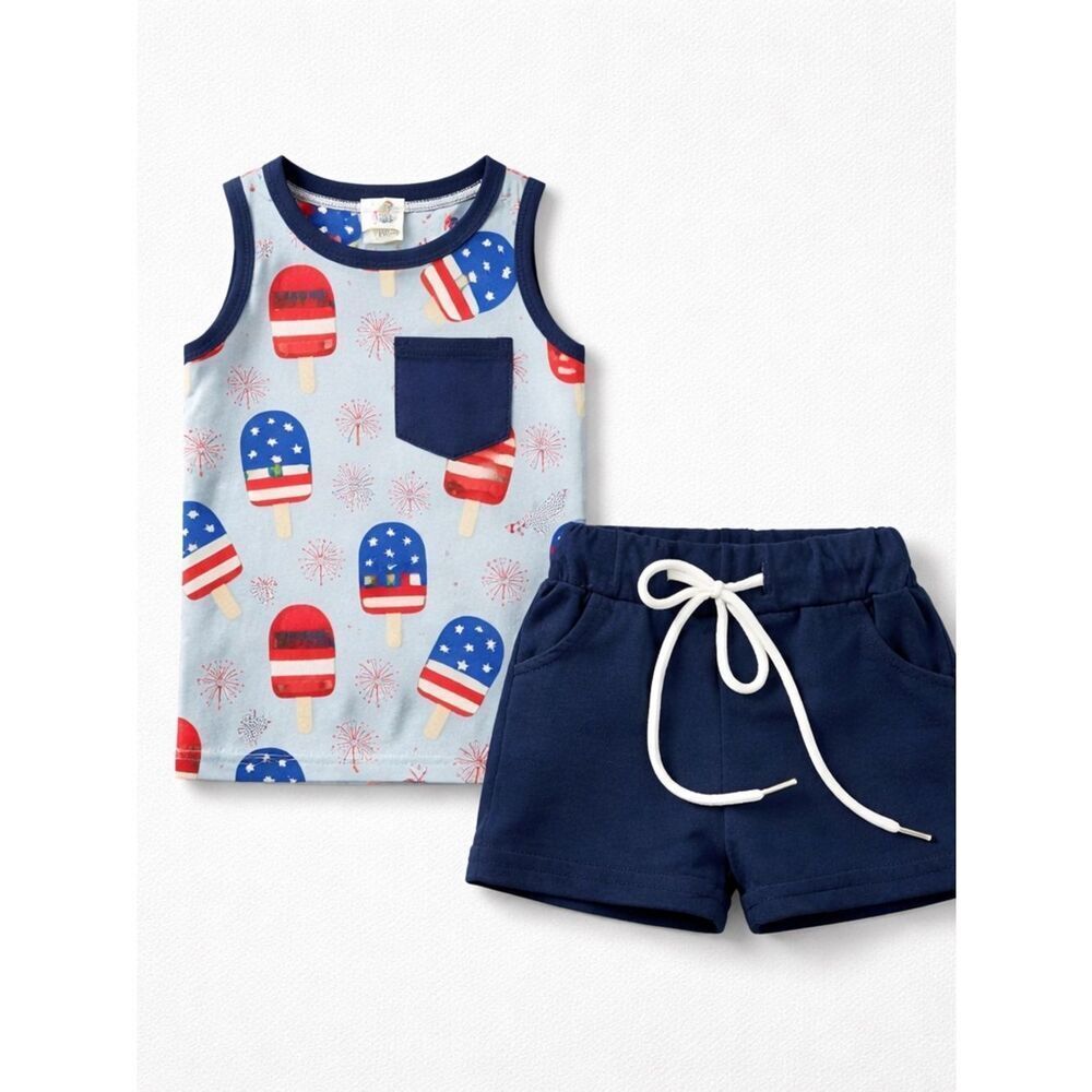 Two Can navy & red patriotic Pops 2 piece tank & short set NWT size 0-3 months